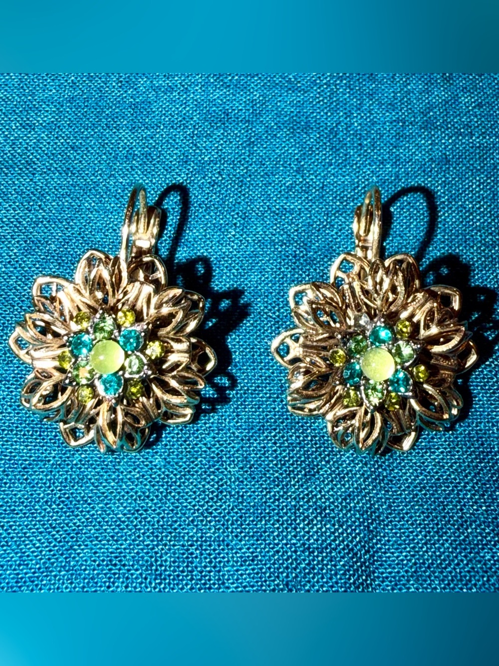 Talbots Gold Floral Drop Earrings with Green and Teal Accents